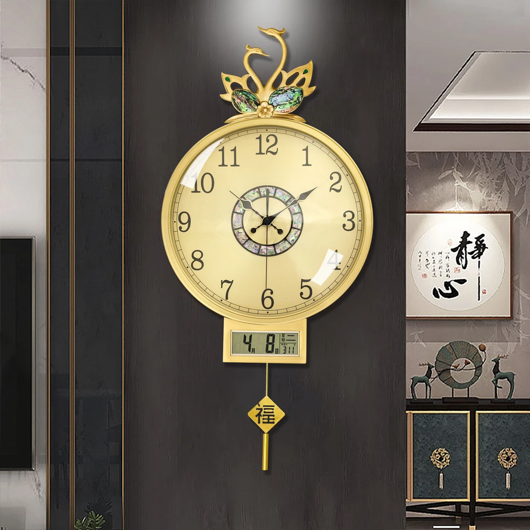新款新中式黄铜挂钟客厅家用带日历轻奢高档时钟装饰钟表静音挂表