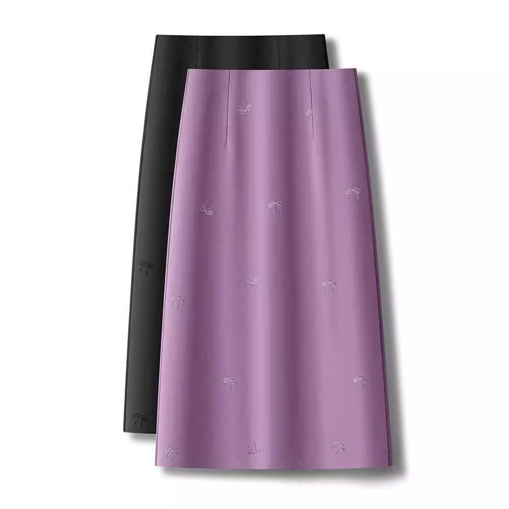 紫色刺绣蝴蝶结西装半身裙女2025新款春夏时尚中长款包臀裙直筒裙