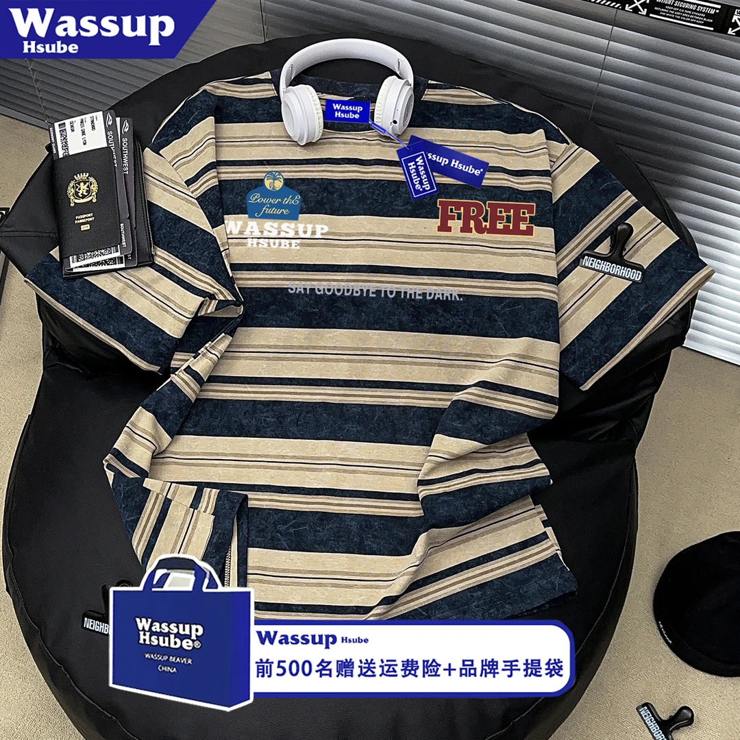 WASSUP HSUBE夏季拼色条纹短袖T恤男潮牌美式情侣百搭宽松半袖tee