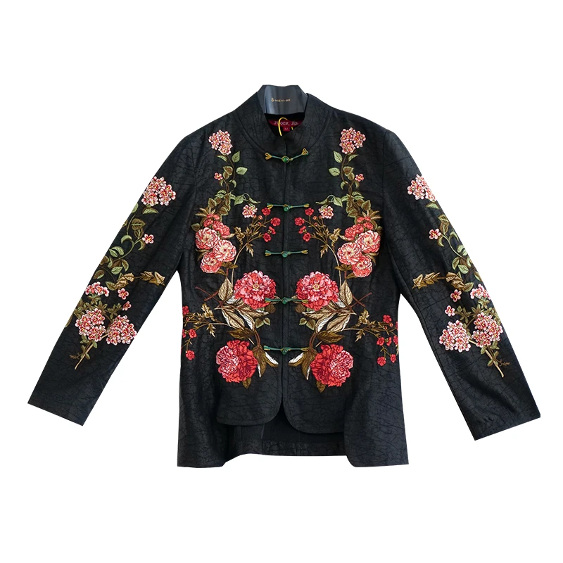 娑尔黑底红线牡丹花卉刺绣西装上衣SH1WB01980