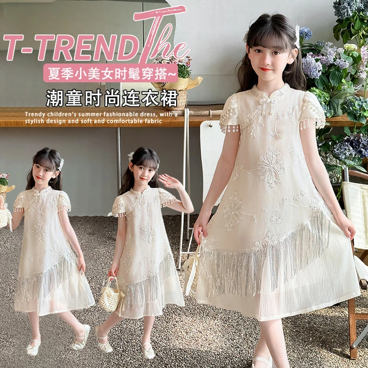 连衣裙儿童女童公主裙时尚夏季时髦裙子蕾丝汉服洋气纱裙夏装中大