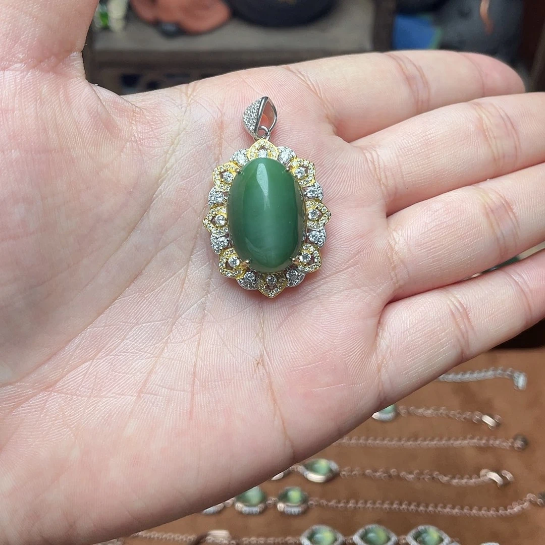 和田玉（碧玉）银S925镶嵌吊坠(赠链)