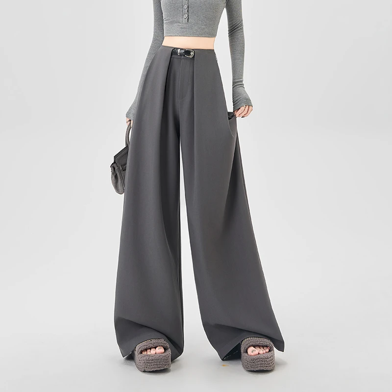 拉夏贝尔灰色阔腿裤小众炸街高级感女装裤子秋季小个子垂感西装裤