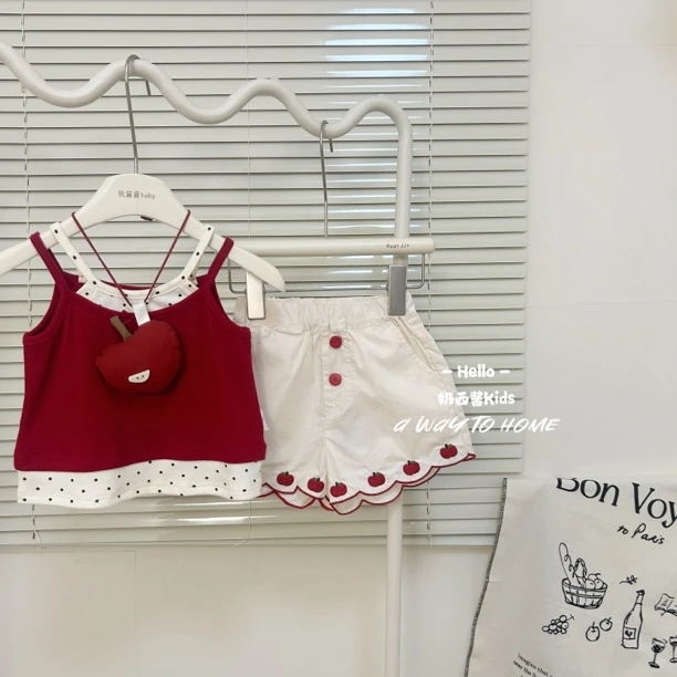 女童夏装套装假两件背心短裤夏季女宝百搭儿童洋气两件套~宋袜子