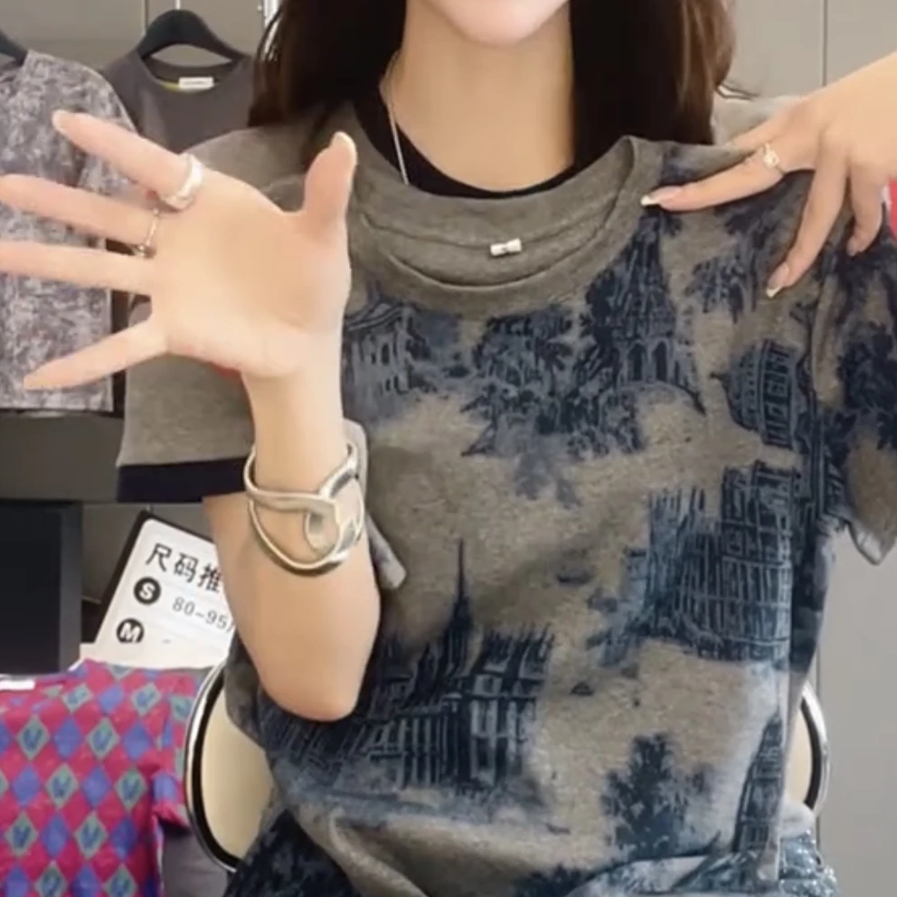 圆领通勤短袖印花美式复古风T恤百搭打底衫洋气休闲