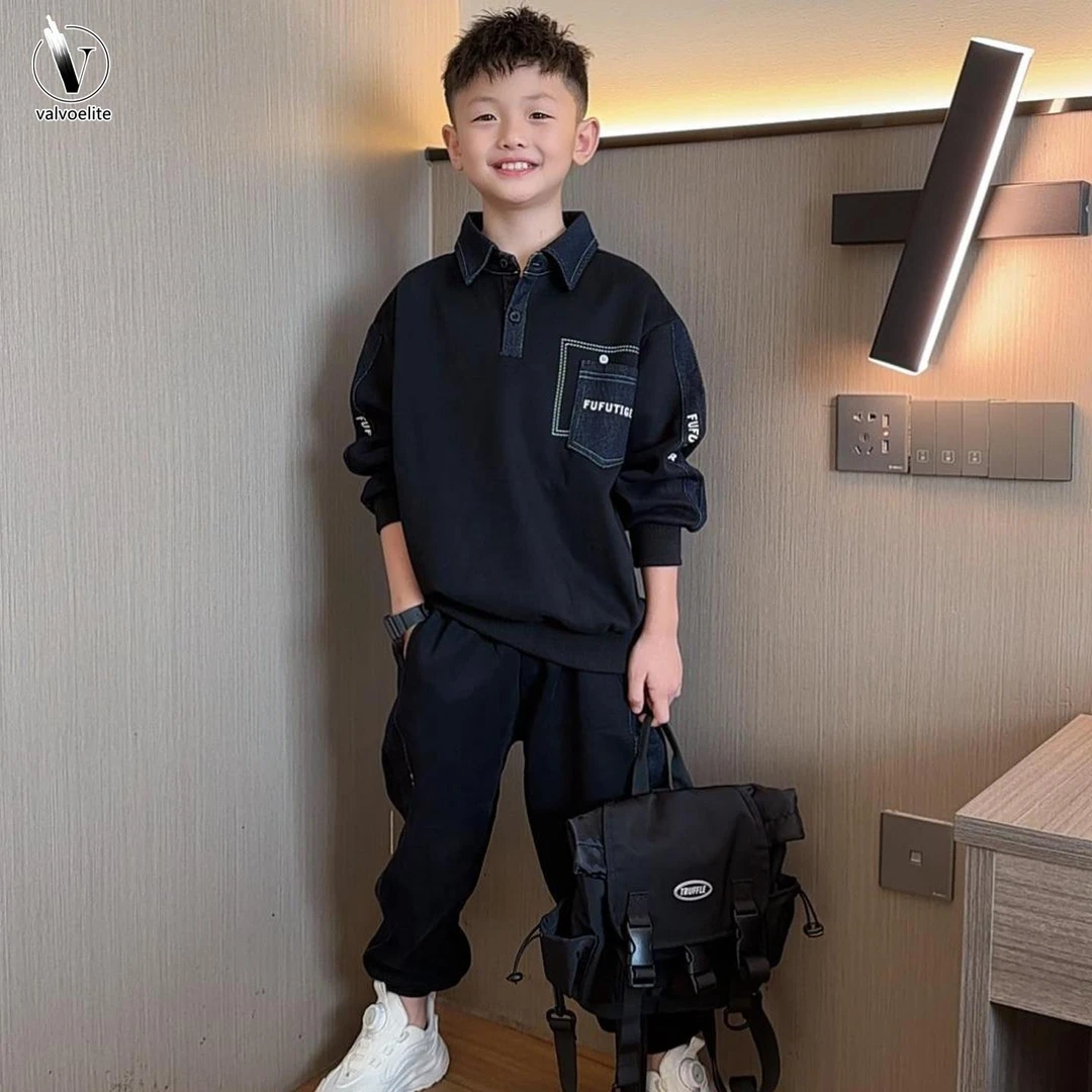 VALVOELITE男童秋冬加绒款衫套装新款冬季卫衣大童休闲运动两件套