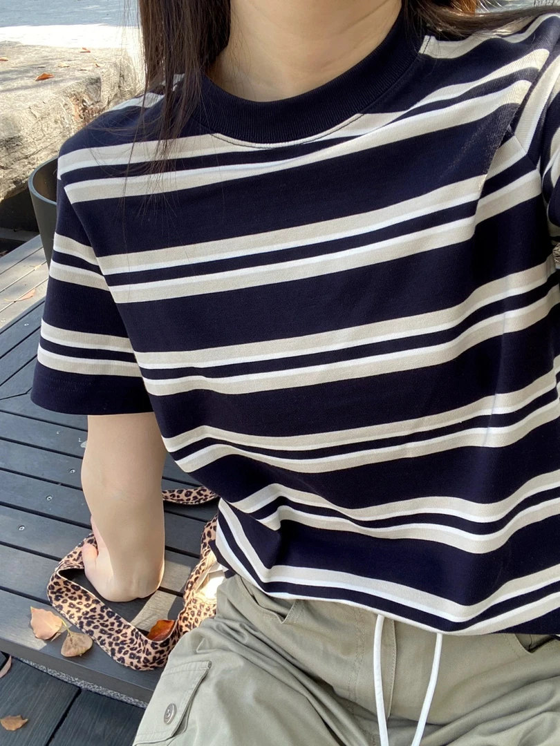 夏季百搭宽松三色条纹短袖T恤·25086