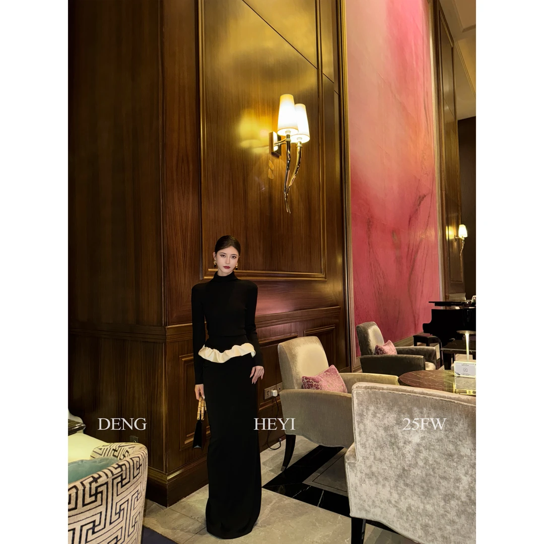 HEYI【云朵流转】黑色云朵设计显瘦长袖高领针织上衣双层半裙两件套