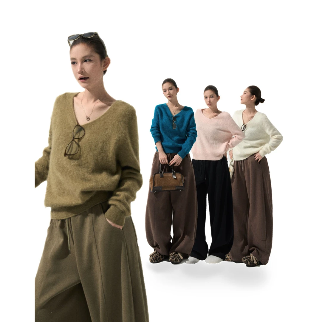 现货【糖霜森林】冬季纯色V领毛衣女百搭宽松长袖上衣针织衫50895