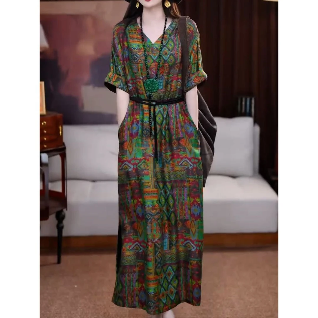 中式气质复古文艺轻奢系带V领连衣裙女夏季新款宽松洋气A字裙