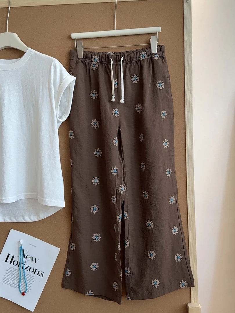 雪花刺绣天丝棉麻微喇休闲裤