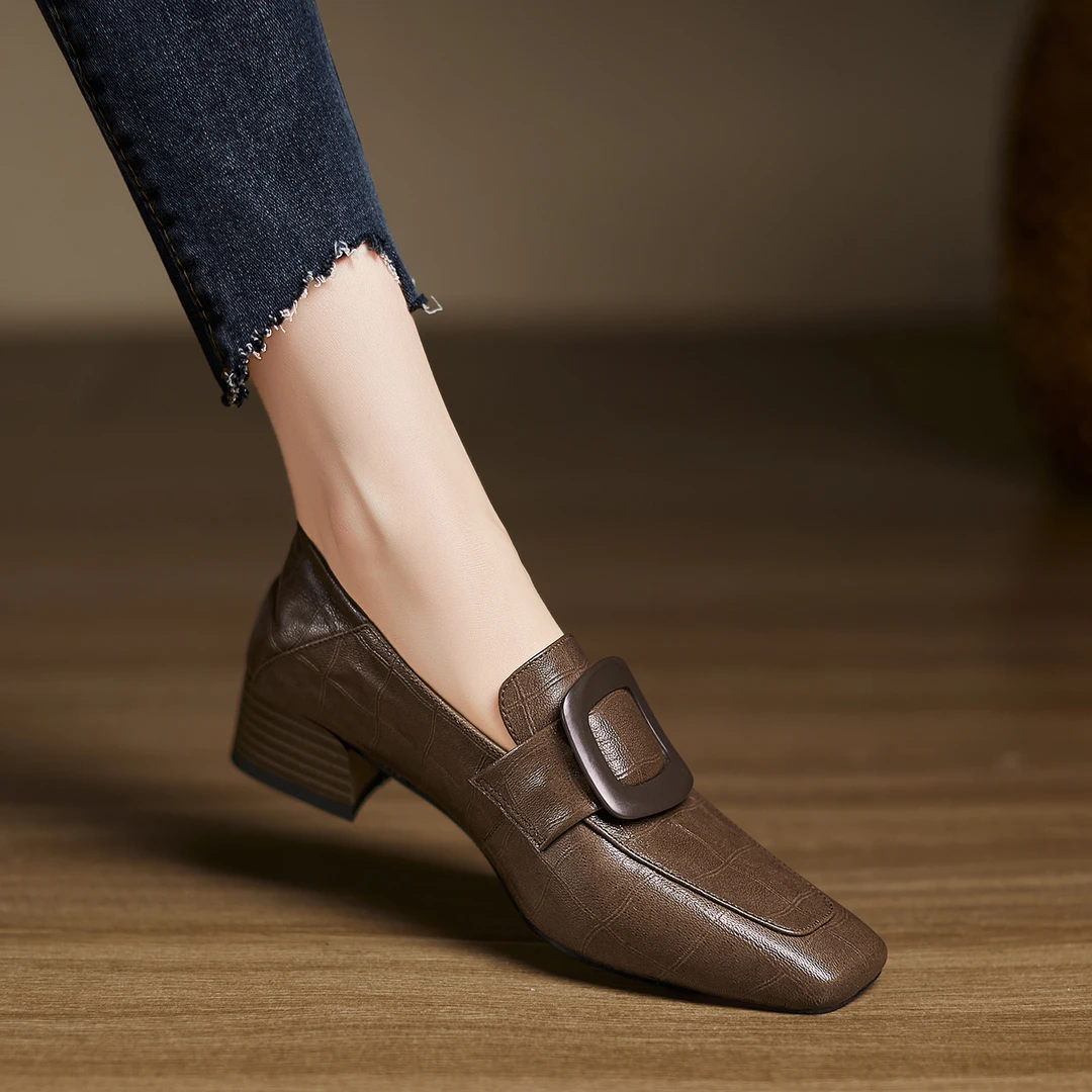 3.5cm~法式气质复古乐福鞋英伦风小皮鞋一脚蹬舒适深口方扣单鞋女