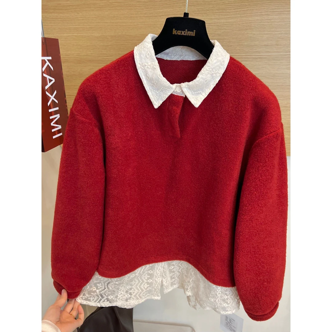 新年红蕾丝拼接假两件卫衣女秋冬新款韩版宽松显瘦大码胖妹妹上衣