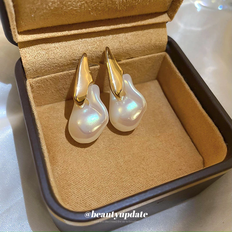 足银仿珍珠耳饰 18K厚金电镀银针不规则耳环法式巴洛克珍珠耳坠轻