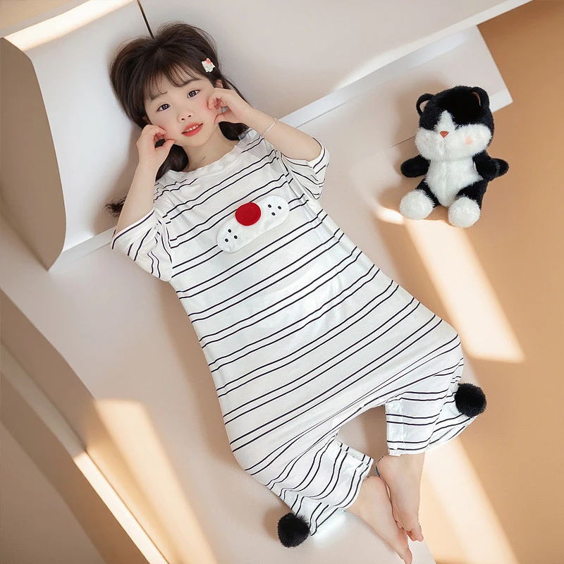 儿童连体睡衣夏季女童莫代尔连体衣薄款中小童女孩卡通家居服睡袋