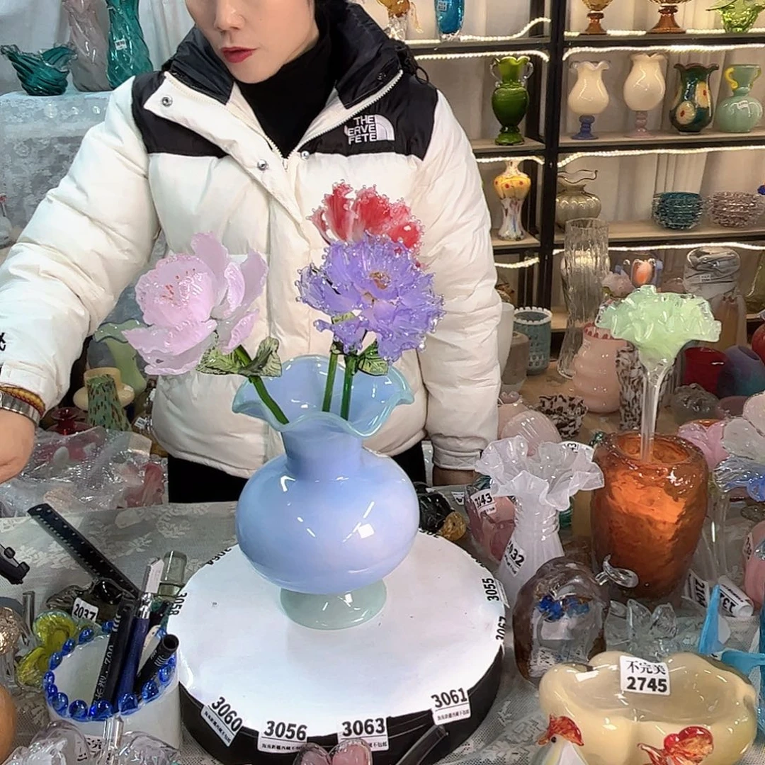 3朵牡丹送花瓶家悦美居琉璃摆件