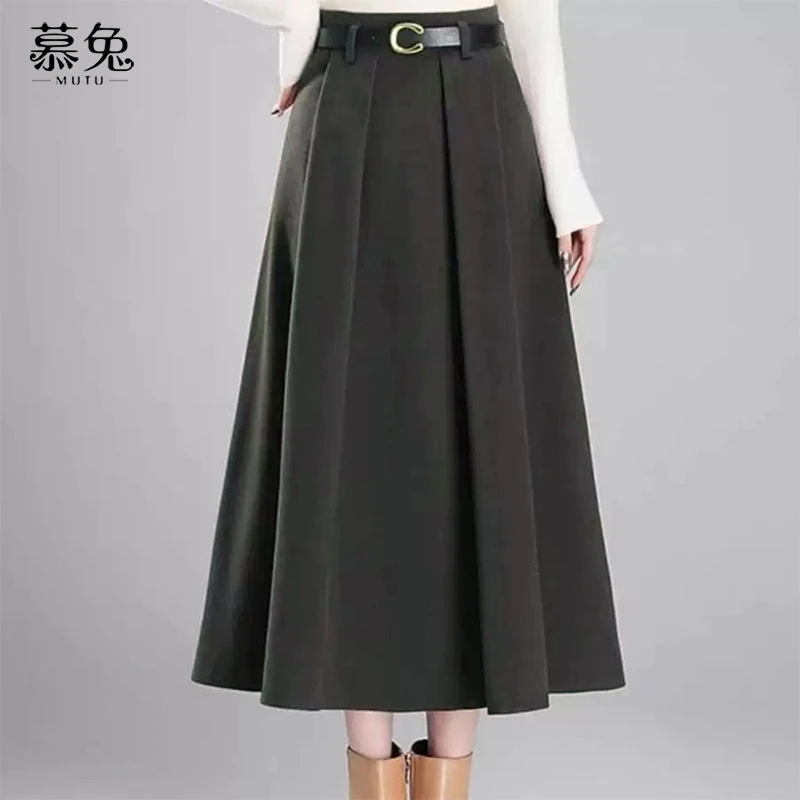 慕兔法式复古百褶半身裙女2025冬季新款高腰显瘦中长款毛呢a字裙