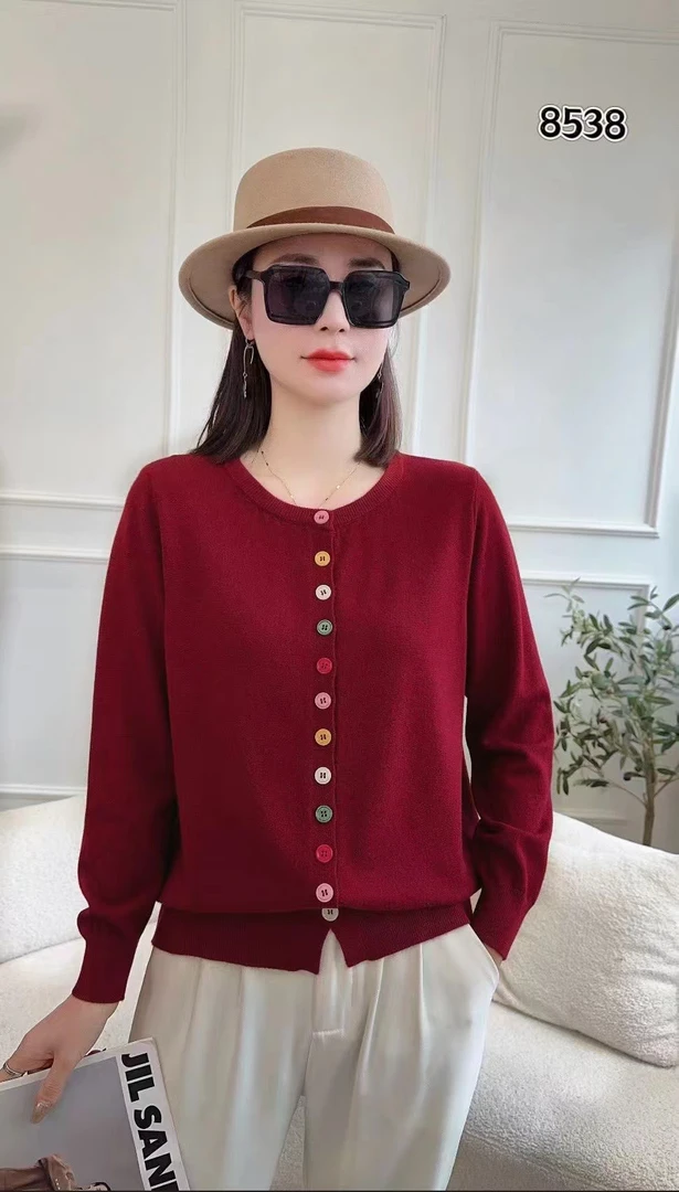 秋季新款时尚彩虹扣圆领套头毛针织衫8538