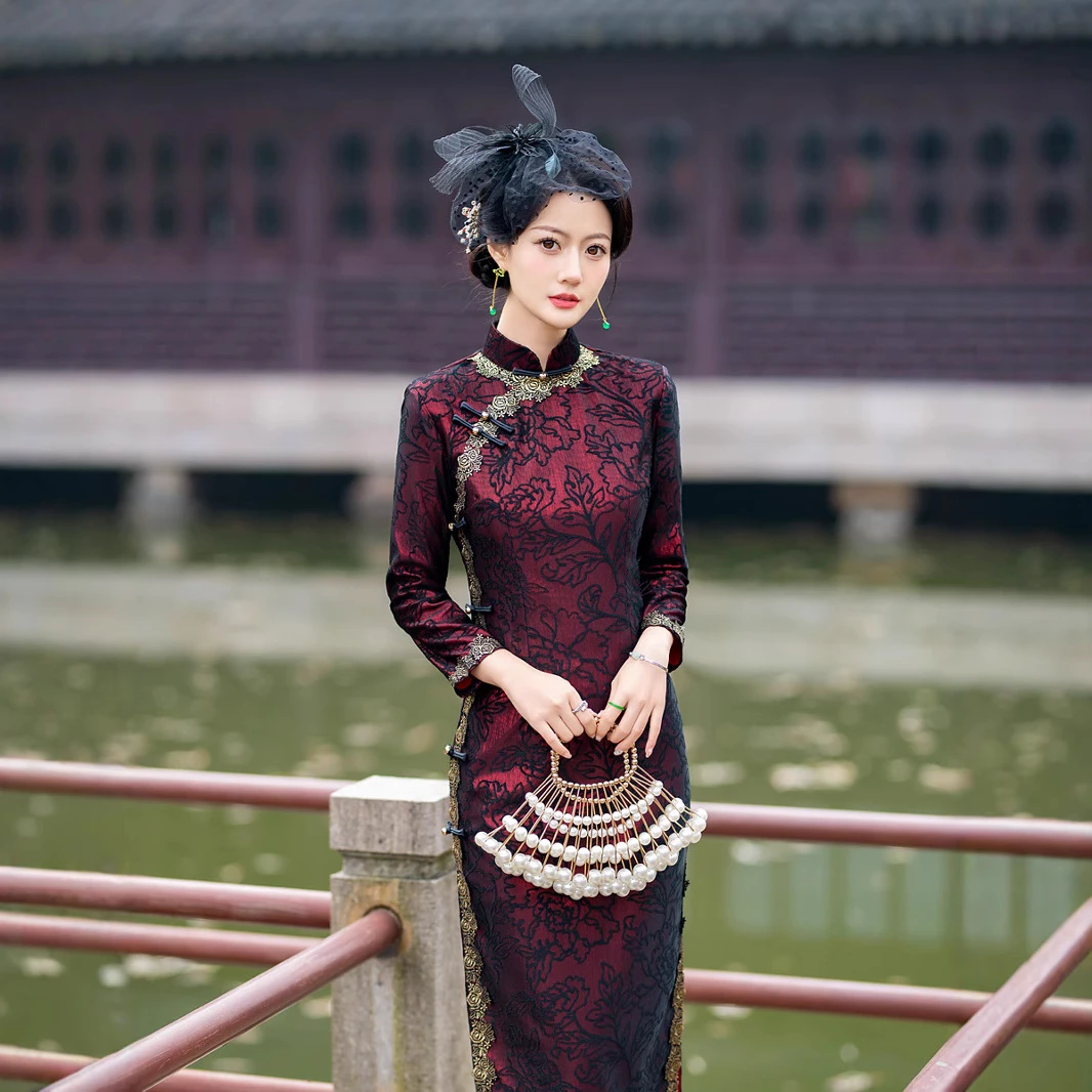 4ai复古中国风中老年女士旗袍秋季新款改良中式喜妈妈旗袍裙优雅