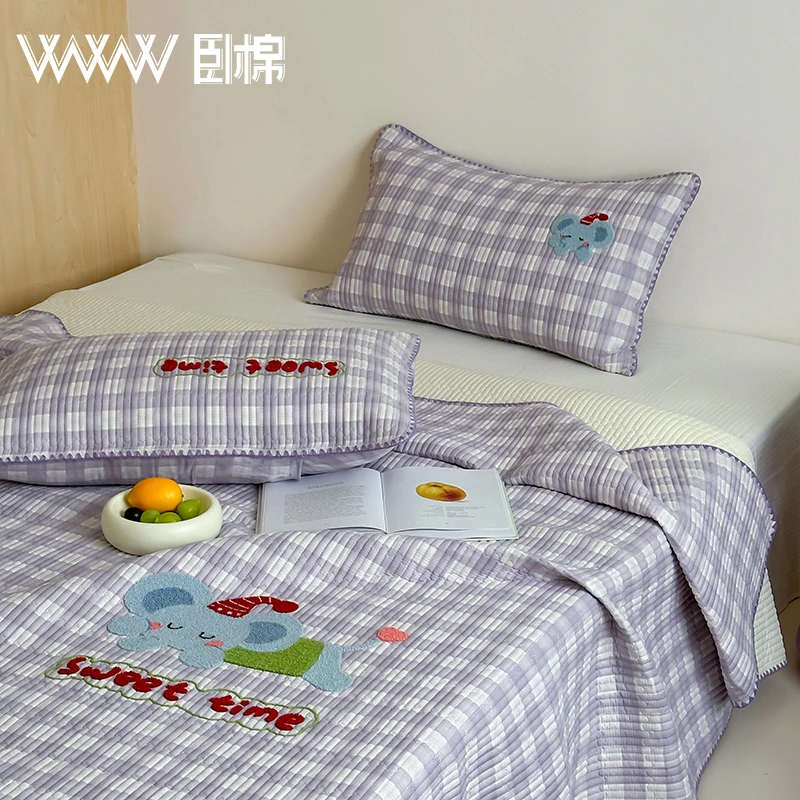 WWW全棉母婴A类双层纱床盖宿舍可爱刺绣可机洗亲肤柔软夹棉D0027