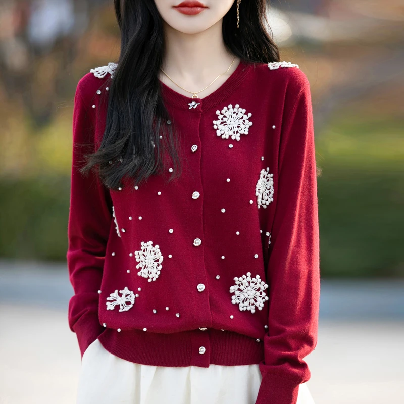 【时尚气质】精纺羊毛小香风雪绒花钉珠圆领开衫百搭外套春秋新款