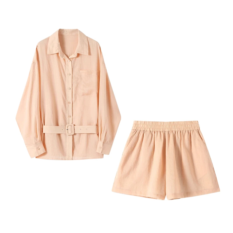超好看时尚气质宽松长袖衬衫女夏季2025新款高腰显瘦修身短裤套装