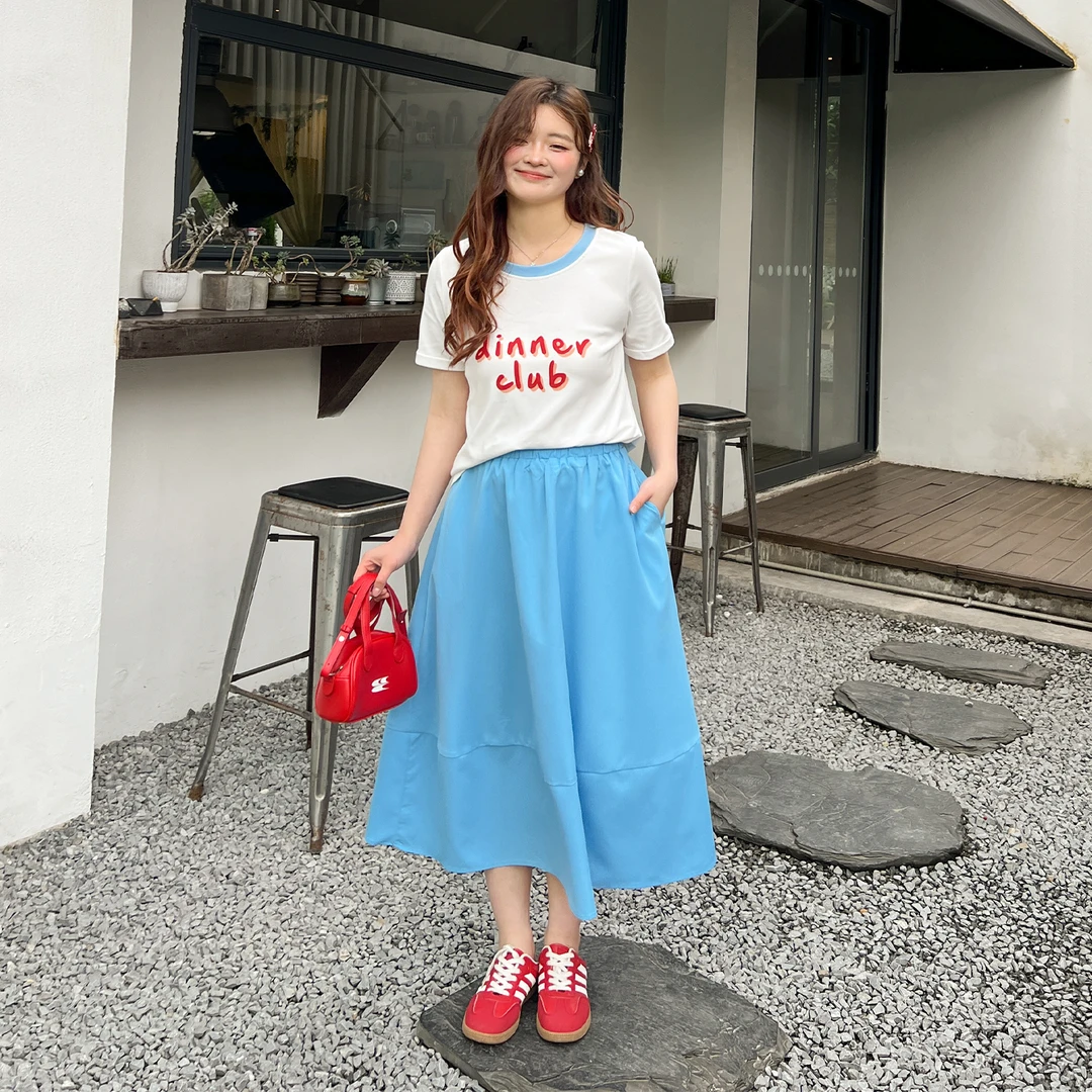 大码百分百夏季时尚显瘦气质撞色短袖T恤女伞裙套装两件套0467YF