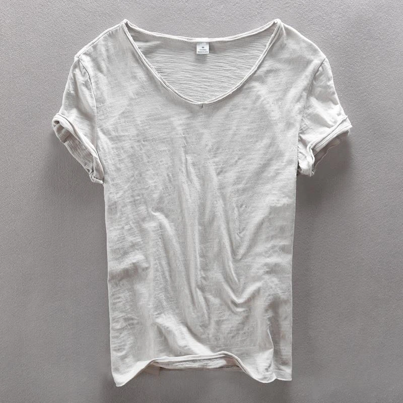 【TQUX港奢男装】柔软竹节棉短袖T恤男士休闲薄款日系做旧毛边圆