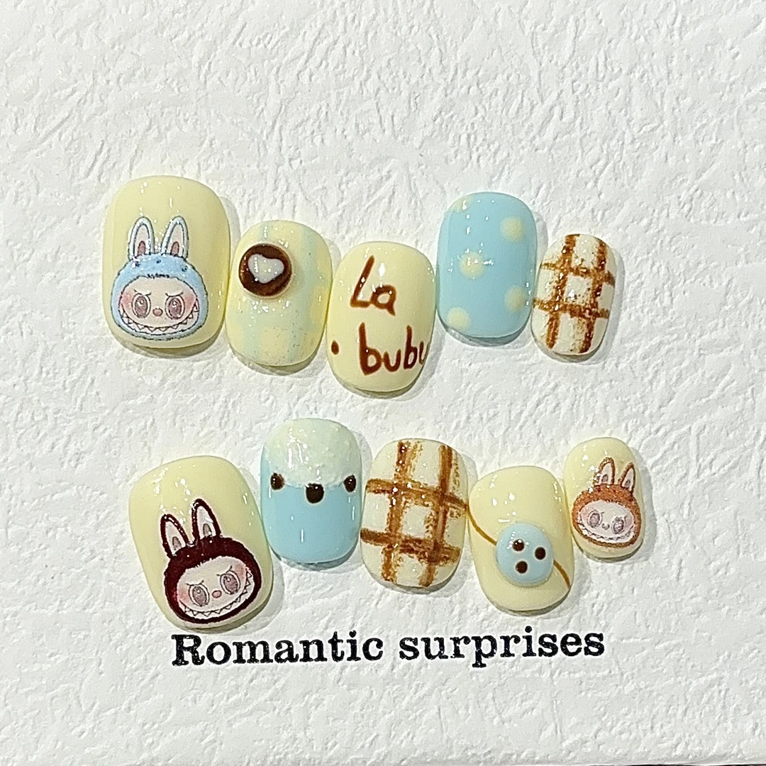 【Labubu】纯手工穿戴甲ins风卡通短款豆豆甲美甲贴片假指甲片