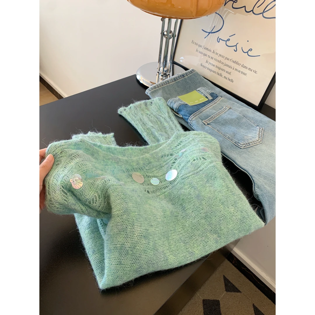 薄荷曼波绿亮片毛衣女秋冬2025年新款设计感小众款式慵懒风针织衫