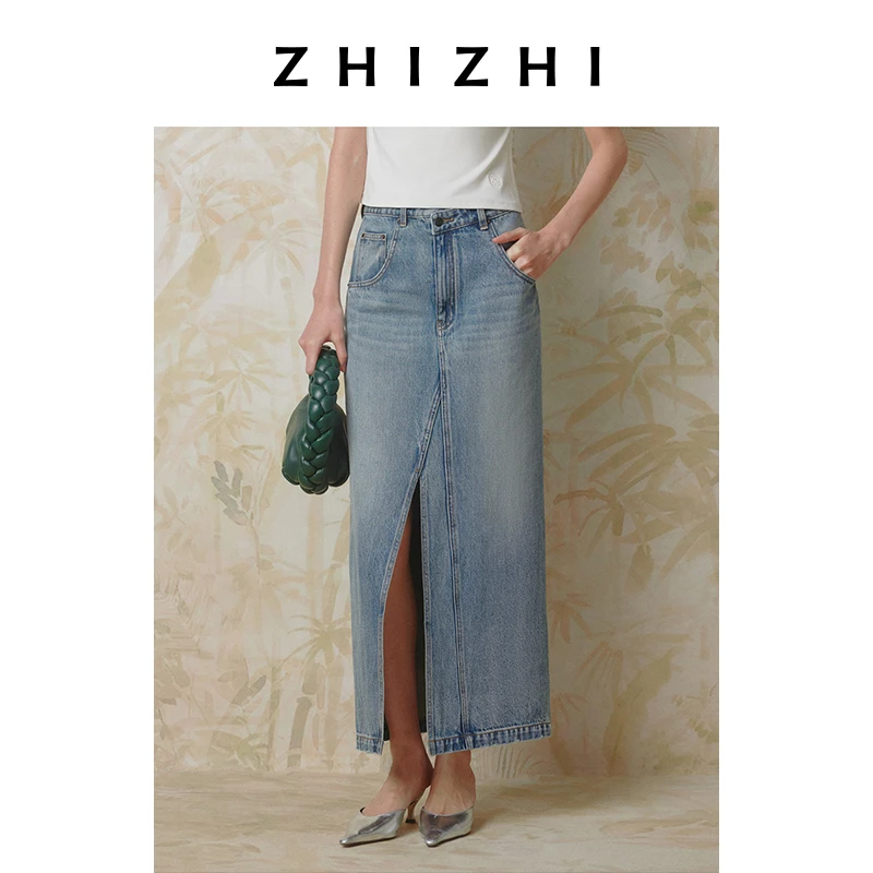 致知 花前饮 前开叉经典牛仔半裙女25春新直筒松弛感ZZ2ESNBW018