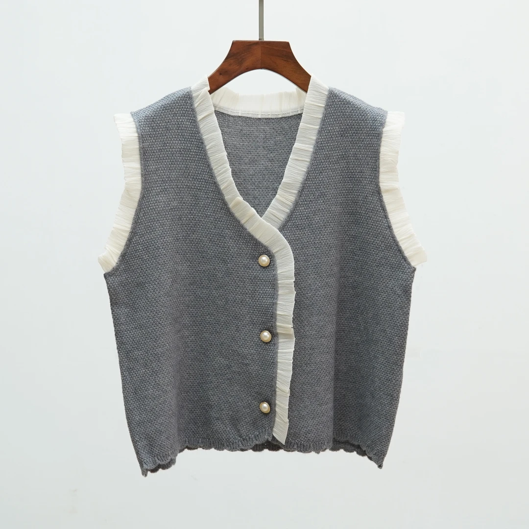 481 叠穿针织马甲背心女士开衫2025新款小香风花边毛衣马夹上衣