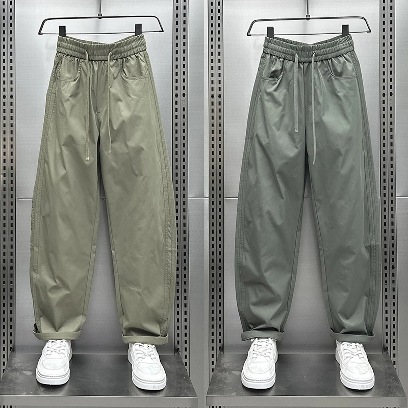 夏季薄款纯色直筒长裤韩版速干条纹宽松百搭休闲裤男士帅气阔腿裤