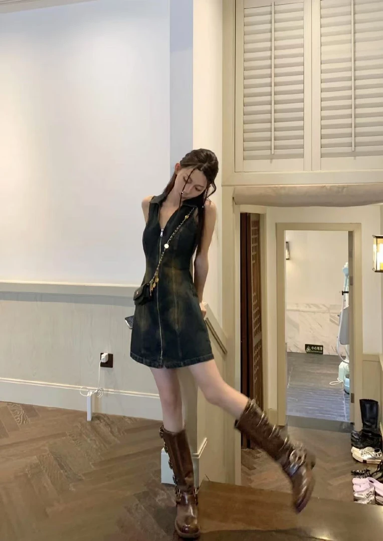 18127夏季新款女装无袖牛仔连衣裙