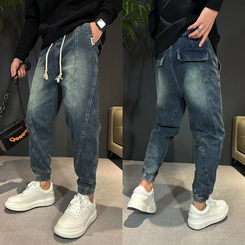2025秋冬宽松拼接美式高街复古牛仔裤男士百搭束脚哈伦裤休闲长裤