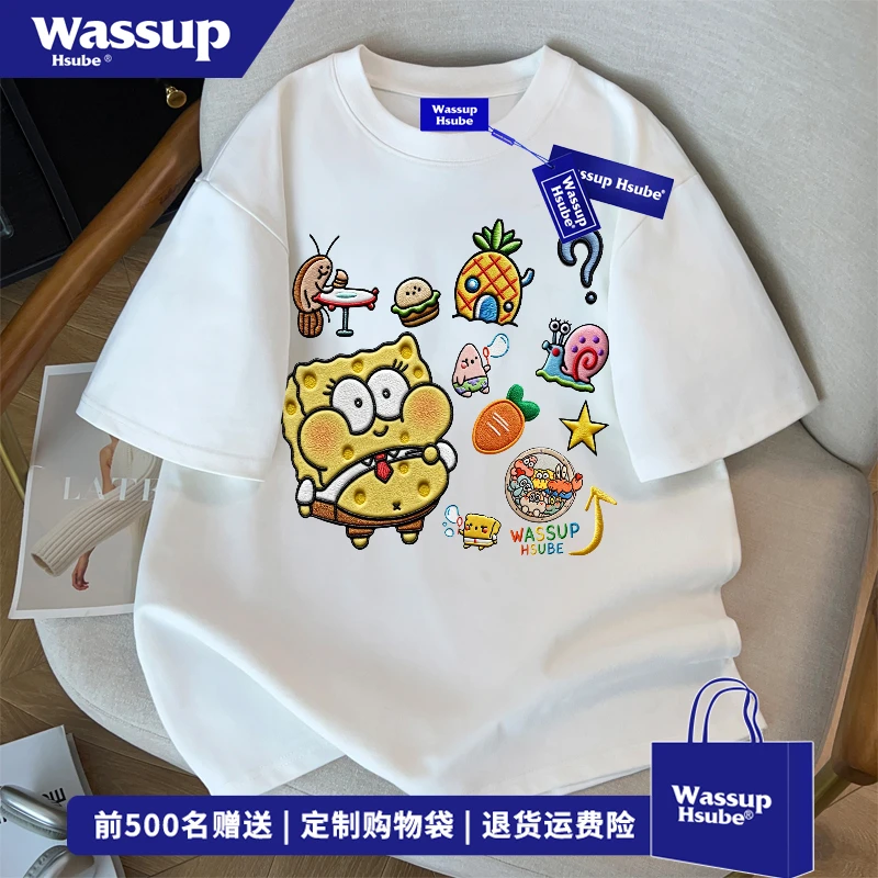 WASSUP HSUBE卡通动漫仿刺绣短袖T恤夏季男女设计感百搭圆领上衣