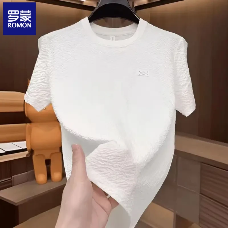 【罗蒙】纯色新款夏季冰丝打底衫男绣标圆领男士短袖T恤半袖百搭轻