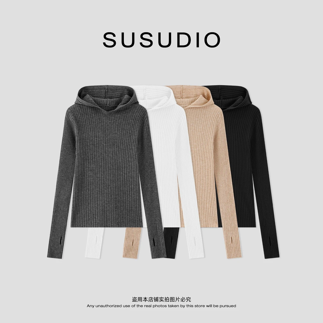 SUSUDIO 冬季氛围感竖坑毛针织内搭保暖连帽针织衫 50301