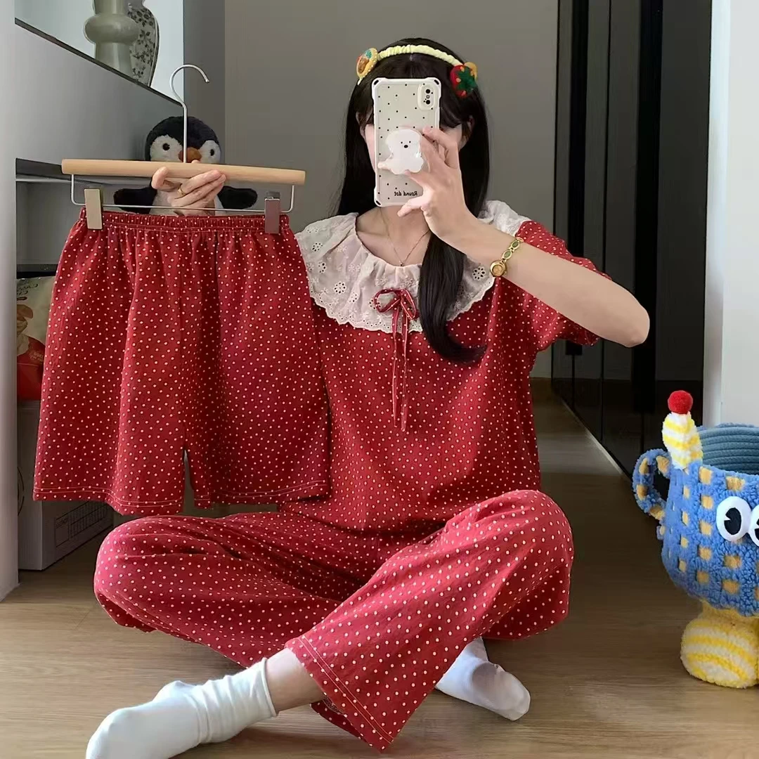 2025新款夏季爆款云朵棉短袖短裤长裤三件套大翻领蕾丝花边睡衣