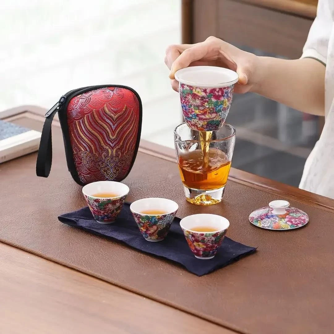便携式珐琅彩万花旅行茶具快客杯茶壶茶杯户外喝茶套装高档陶瓷
