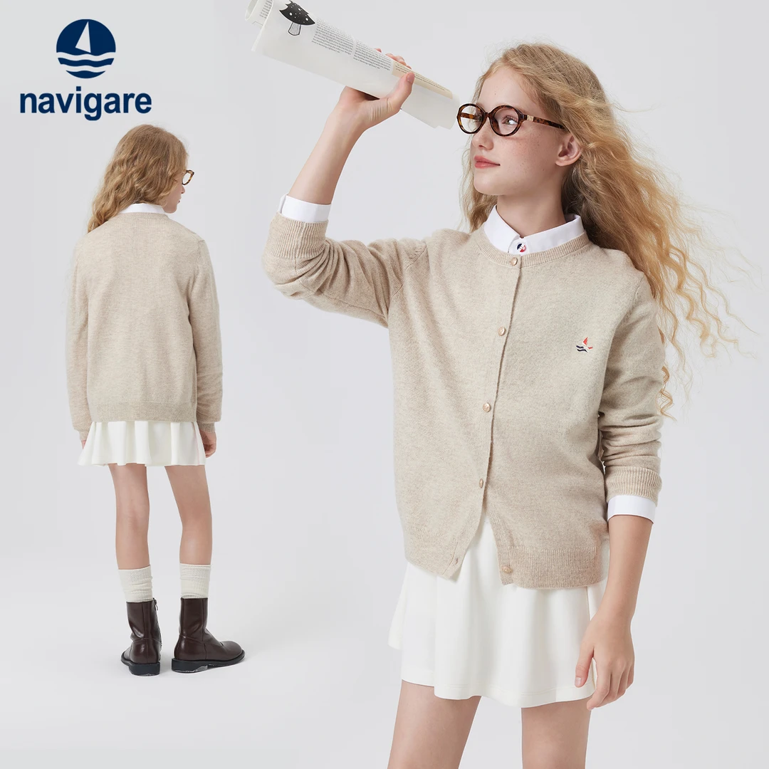 Navigare意大利小帆船春秋新款女童开衫儿童毛针织衫中大童毛衣