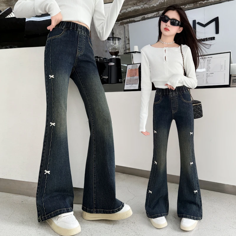 女童喇叭裤春秋弹力修身女大童牛仔裤秋款休闲微喇裤秋装儿童裤子