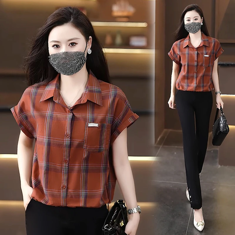 洋气减龄格子衬衫女2025夏季新款妈妈装复古翻领短款上衣小衫爆款