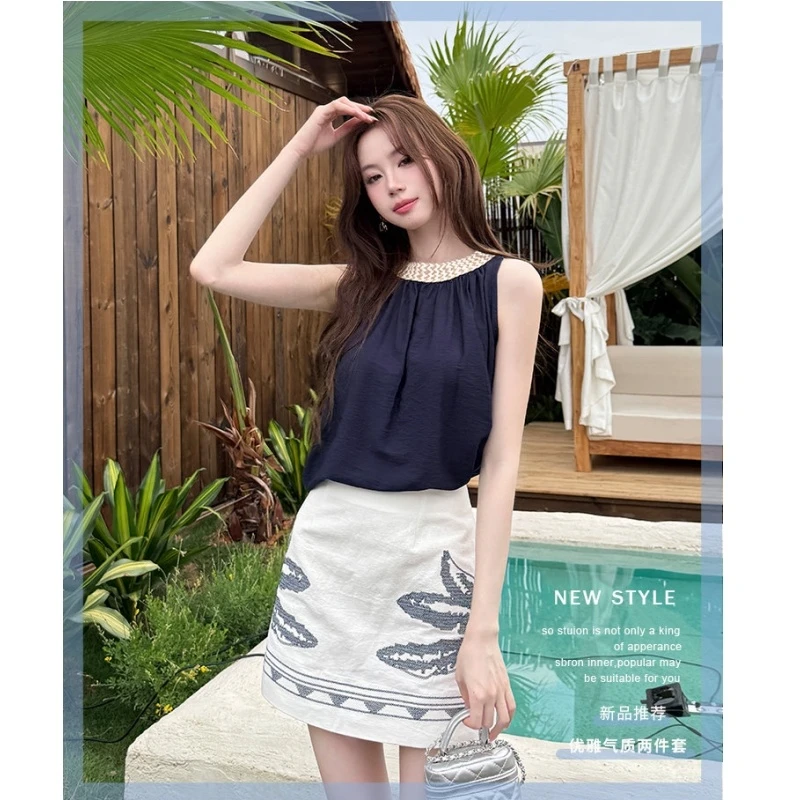 夏季新款网红复古森女时尚气质无袖雪纺衫+刺绣半身裙两件套装女