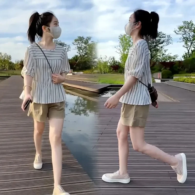 现货2025新款收腰显瘦条纹短袖衬衫女高腰短裤休闲短裤减龄穿搭