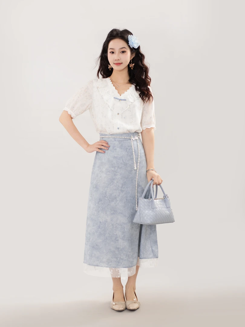 小小复古 港风收腰显瘦遮跨拼接蕾丝后腰半松紧A字半身裙#4729