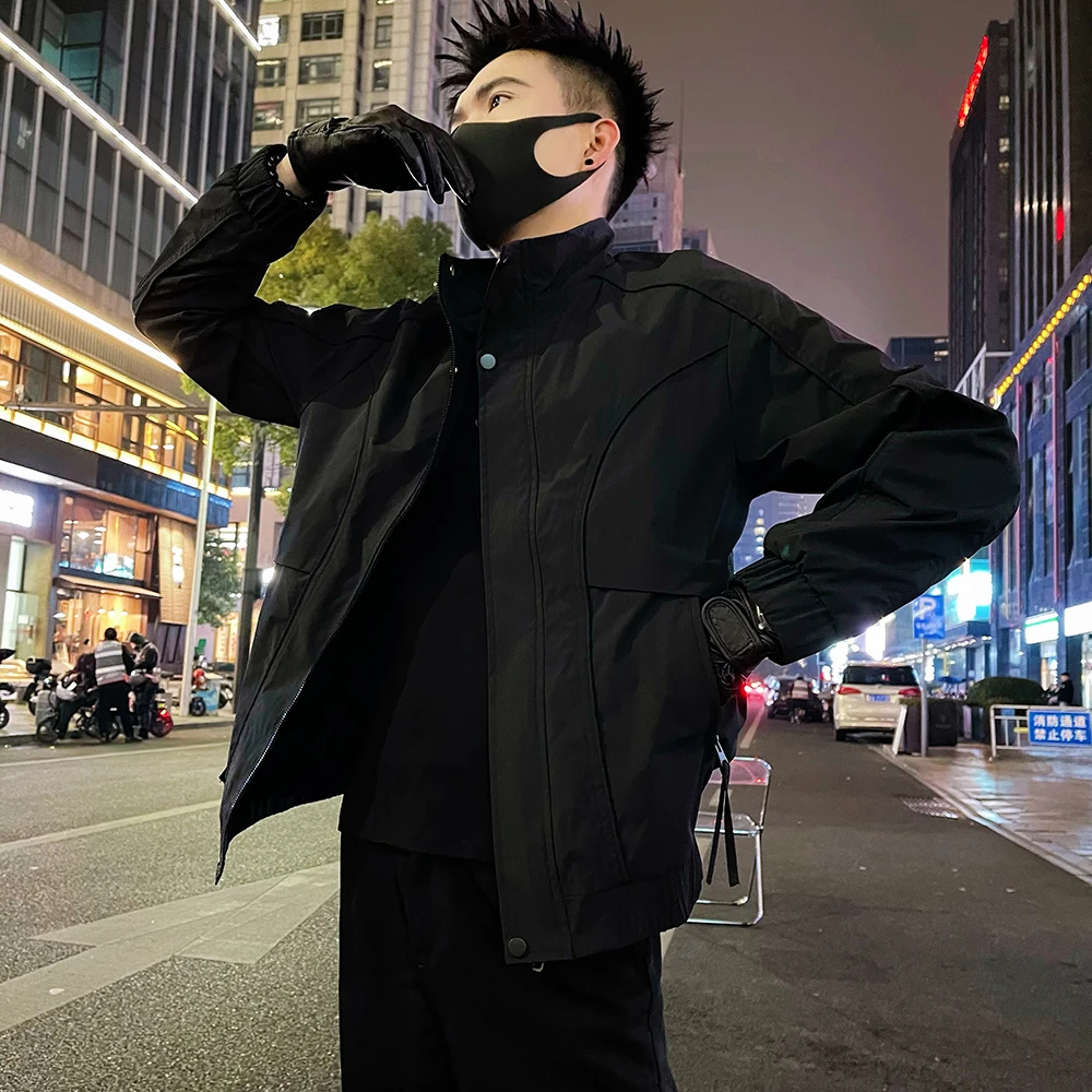 潮牌外套男春秋季痞帅上衣服百搭休闲立领黑色夹克高级感男装褂子