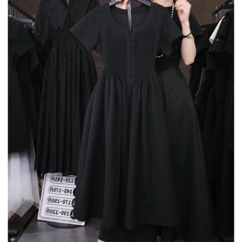 原创大码设计师款女装新款扣子夏季压褶气质法式大码连衣裙