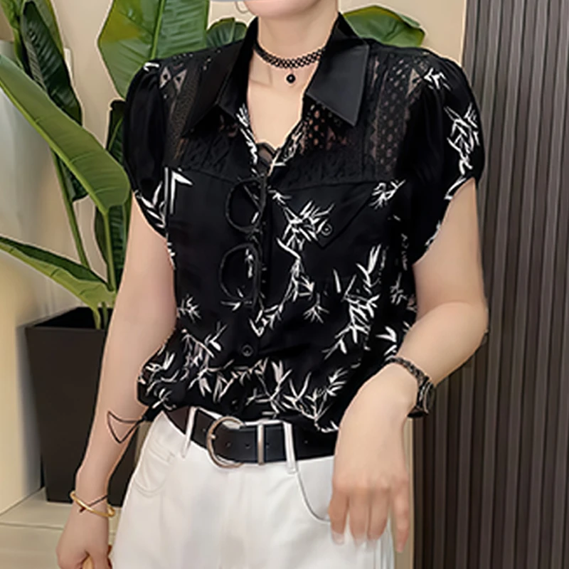 慵懒风复古休闲衬衫女2025年夏季新款国风宽松显瘦翻领印花上衣