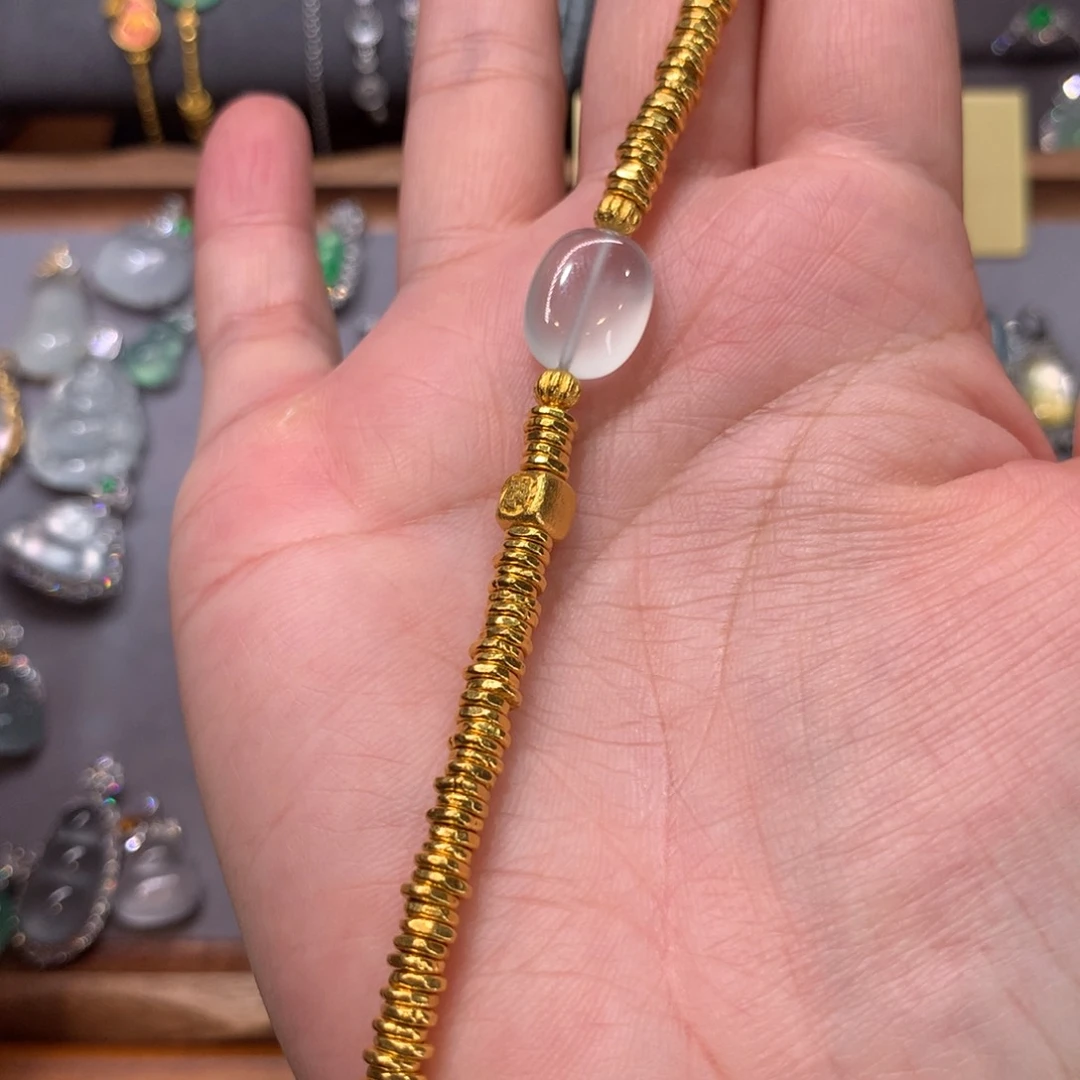 翡翠手链足金镶嵌金重27克木那雪花棉桶珠